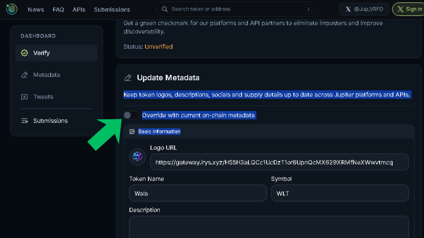 Exemplo mostrando onde ativar Override with current on-chain metadata na Jupiter